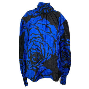Annie Corvall Shirt Womens Sz 10 Vintage Blue Black Floral High Neck‎ Tie